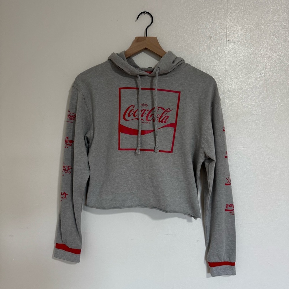 Coca Cola Crop Hoodie International Script Gray Red XL Vintage Y2K